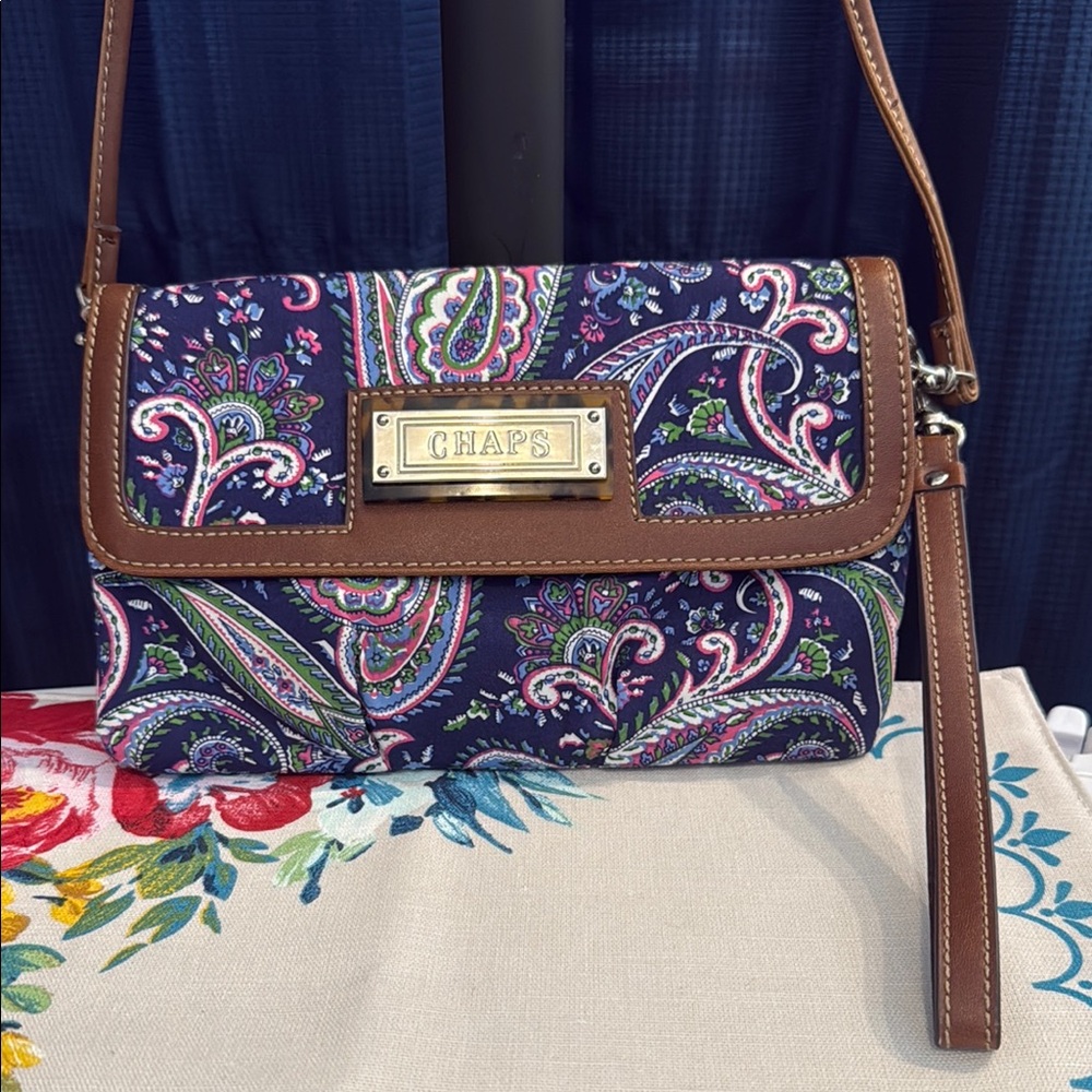 Chaps Blue and Brown Paisley Clutch with Leather Trim